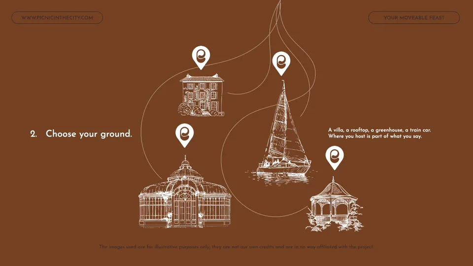 A frame from the Picnic film: choose your ground, with sketches of a villa, a boat, a greenhouse and a gazebo